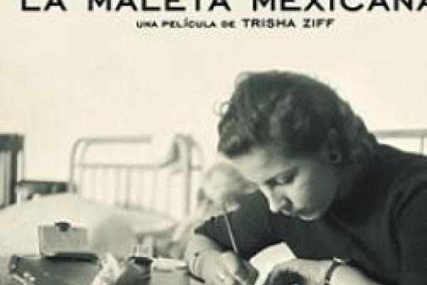 movie poster of La Maleta Mexicana with a woman leaning over a letter she is writing